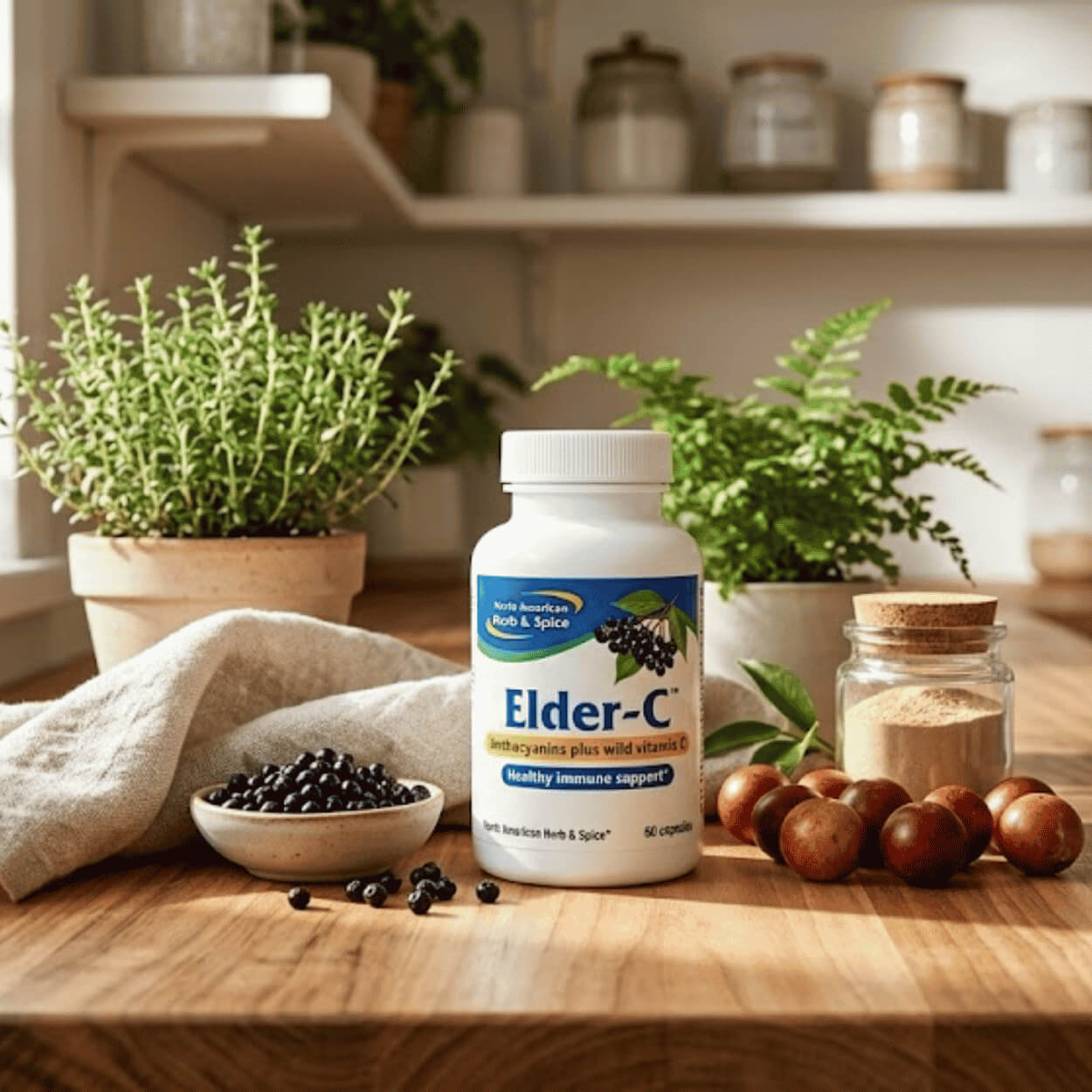 Elder-C od značky North American Herb & Spice stojící na dřevěné kuchyňské lince, obklopenou miskou s černými plody bezu, hnědými ořechy či plody, skleničkou s práškem, lněnou utěrkou a zelenými rostlinami v květináčích s prosvětleným pozadím kuchyně.